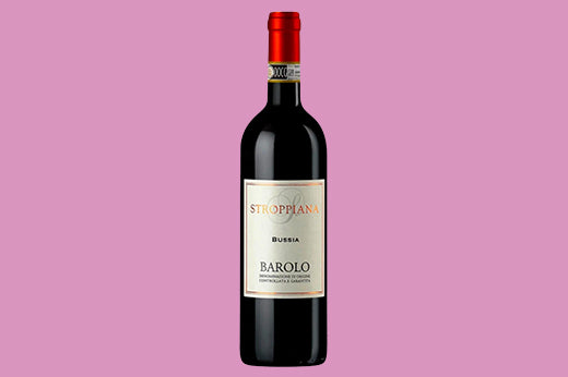Bottle of 2015 Stroppiana Bussia Barolo, cream label with a red capsule