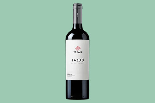 Bottle of 2015 Tabali Talud Cabernet Sauvignon, Chile, white label with a red diamond logo