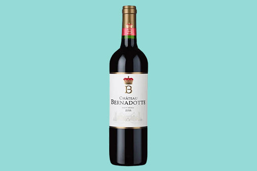 Bottle of 2016 Chateau Bernadotte Haut-Medoc, white label with a crowned B crest