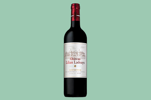 Bottle of 2016 Chateau Lilian Ladouys Saint-Estephe, cream label with an engraved chateau