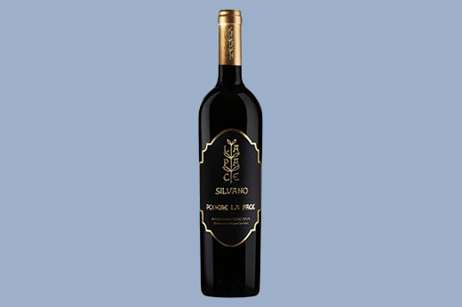 Bottle of 2016 Podere La Pace Silvano Maremma Toscana, black label with a gold emblem