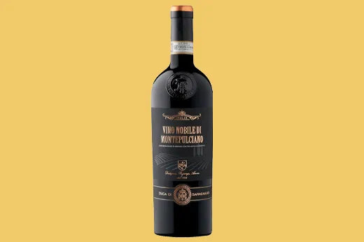 Bottle of 2018 Duca di Saragnano Vino Nobile di Montepulciano, black label with a gold crest