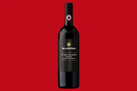 Bottle of 2018 Rocca delle Macie Chianti Classico Riserva, black label with a gold emblem