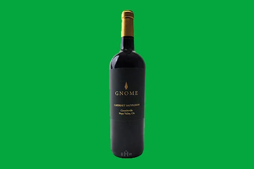 Bottle of Gnome Cabernet Sauvignon, Coombsville Napa Valley, black label on a green background
