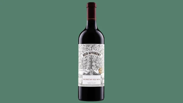 Bottle of Heir Apparent proprietary red wine, white label with a tree illustration, green background