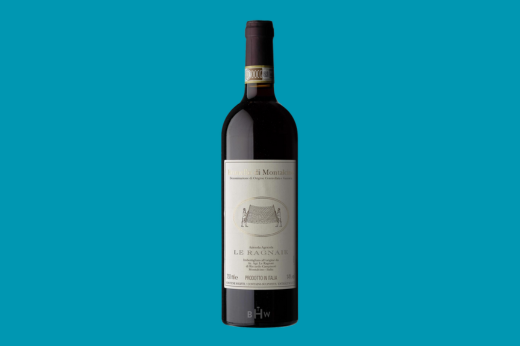 Bottle of 2019 Le Ragnaie Brunello di Montalcino, cream label with a building engraving, teal background