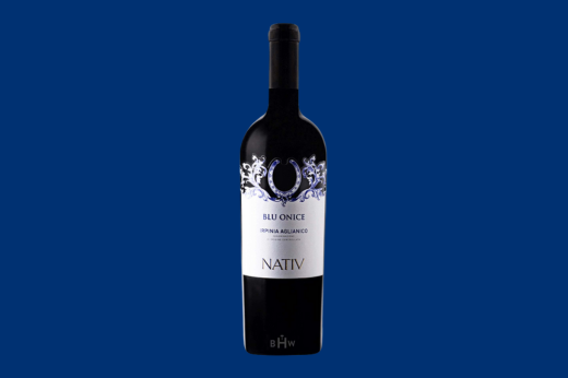 Bottle of 2019 Nativ Blu Onice Irpinia Aglianico, label with white filigree, on navy