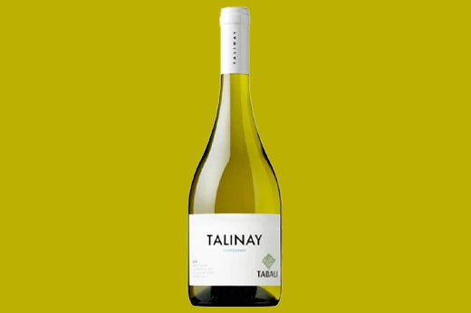 Bottle of 2019 Tabali Talinay Chardonnay, pale gold wine, white label, yellow-green background