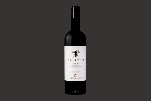 Bottle of 2020 Corte Medicea Aristeo Super Tuscan, cream label with a bee illustration