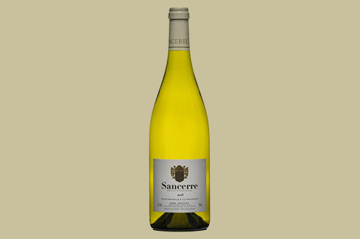 Bottle of 2020 Sancerre blanc, pale gold wine in clear glass, cream label with a small crest