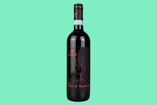 Bottle of 2020 Lazzeretti Rosso di Montalcino, black label with a red line drawing, mint green background