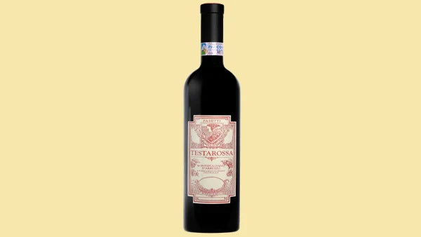 Bottle of 2020 Pasetti Testarossa Montepulciano d'Abruzzo with an ornate pink and cream label