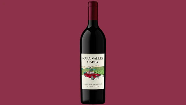 Bottle of Napa Valley Cabby Cabernet Sauvignon, label with a red vintage car, burgundy background