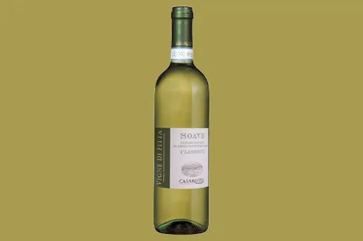 Bottle of 2021 Casarotto Soave Classico, white label, on an olive green background
