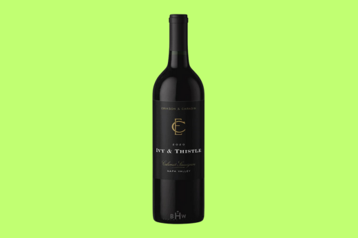 Bottle of 2021 Erikson & Caradin Ivy & Thistle Cabernet Sauvignon, black label, lime green background