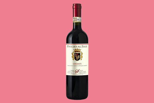 Bottle of 2021 Poggio al Sale Chianti, cream label with a red and gold crest, on a pink background