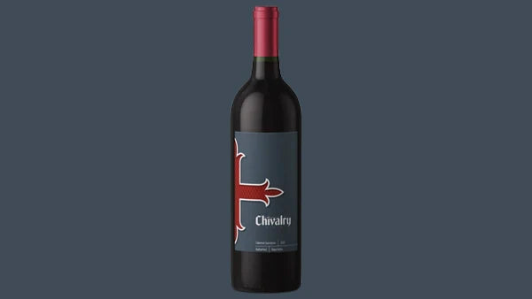Bottle of Chivalry Cabernet Sauvignon, Napa Valley, slate label with a red sword emblem