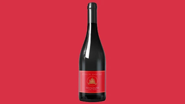 Bottle of red Burgundy Pinot Noir with a red label and gold crest, on a crimson background