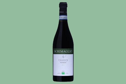 Bottle of 2022 Scrimaglio Piemonte Rosso, pale label with black lettering and a green seal