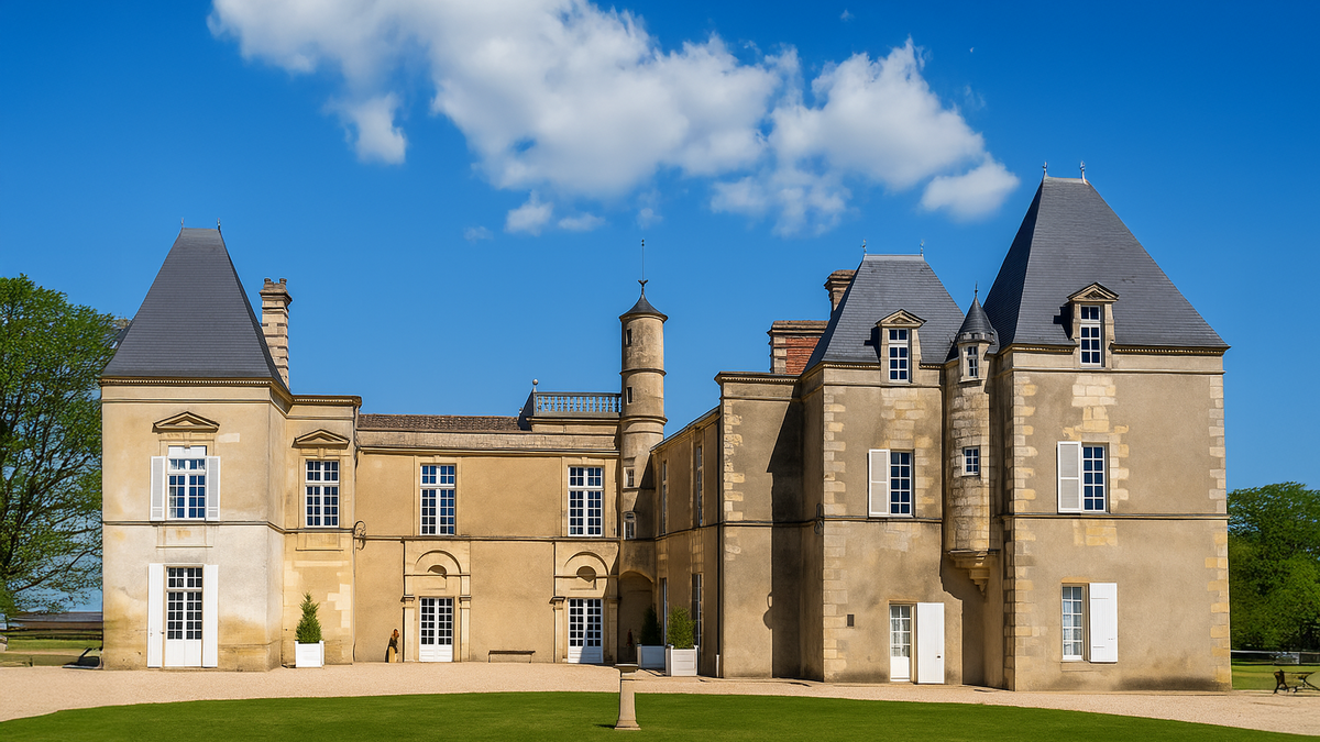 Symmetrical limestone Bordeaux château with slate roofs behind a wide green lawn