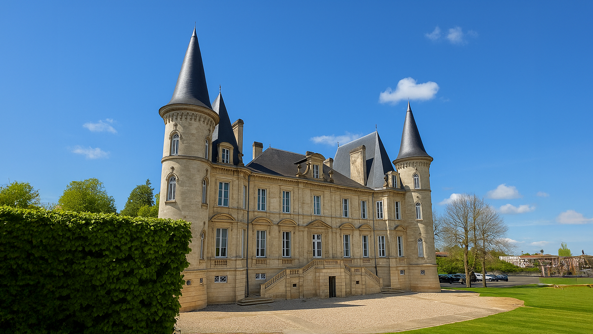 Bordeaux château with pointed slate turrets and lawns under a clear blue sky