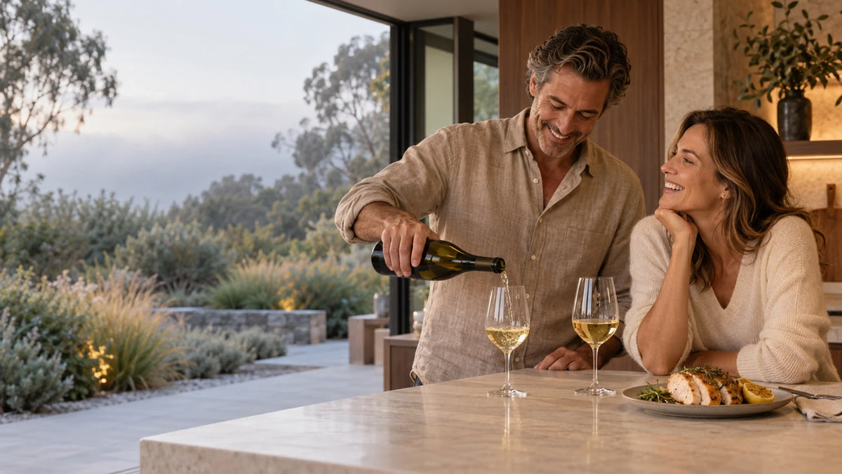 A man pouring white wine into a glass for a smiling woman sitting at a modern kitchen counter indoors.