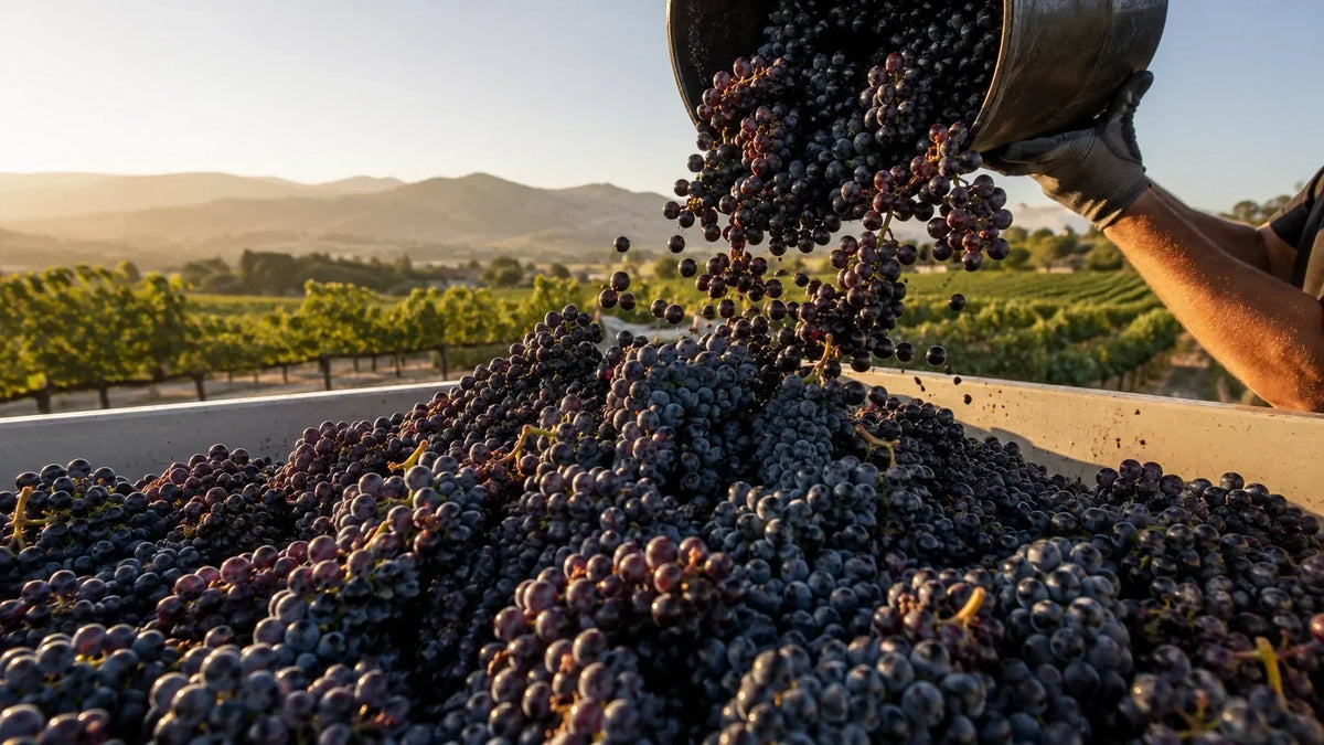 Freshly harvested red grapes being poured into a vineyard harvest bin
