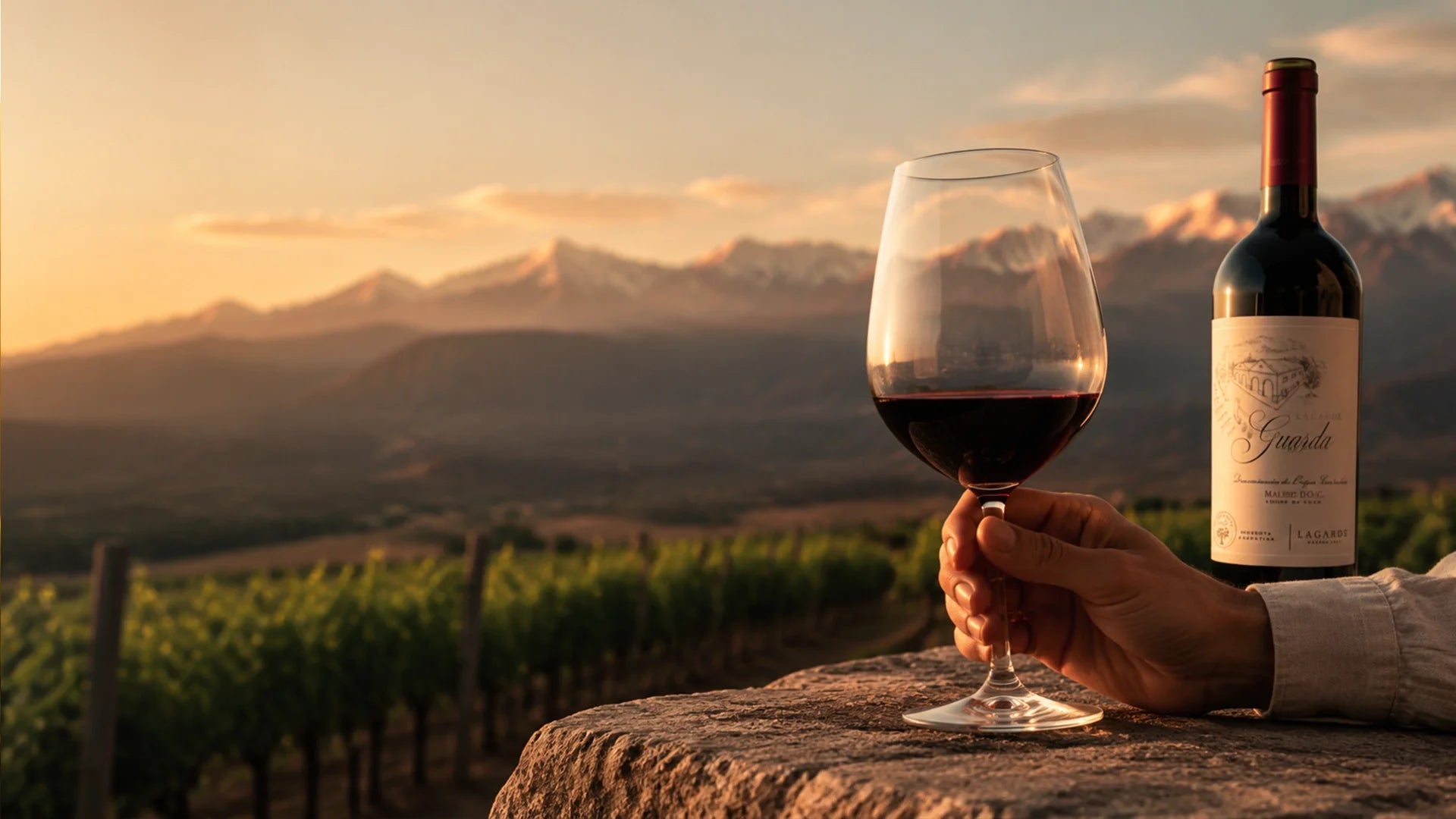 A hand holding a glass of red wine alongside a bottle of Lagarde Guarda Malbec with Andes mountains in the background