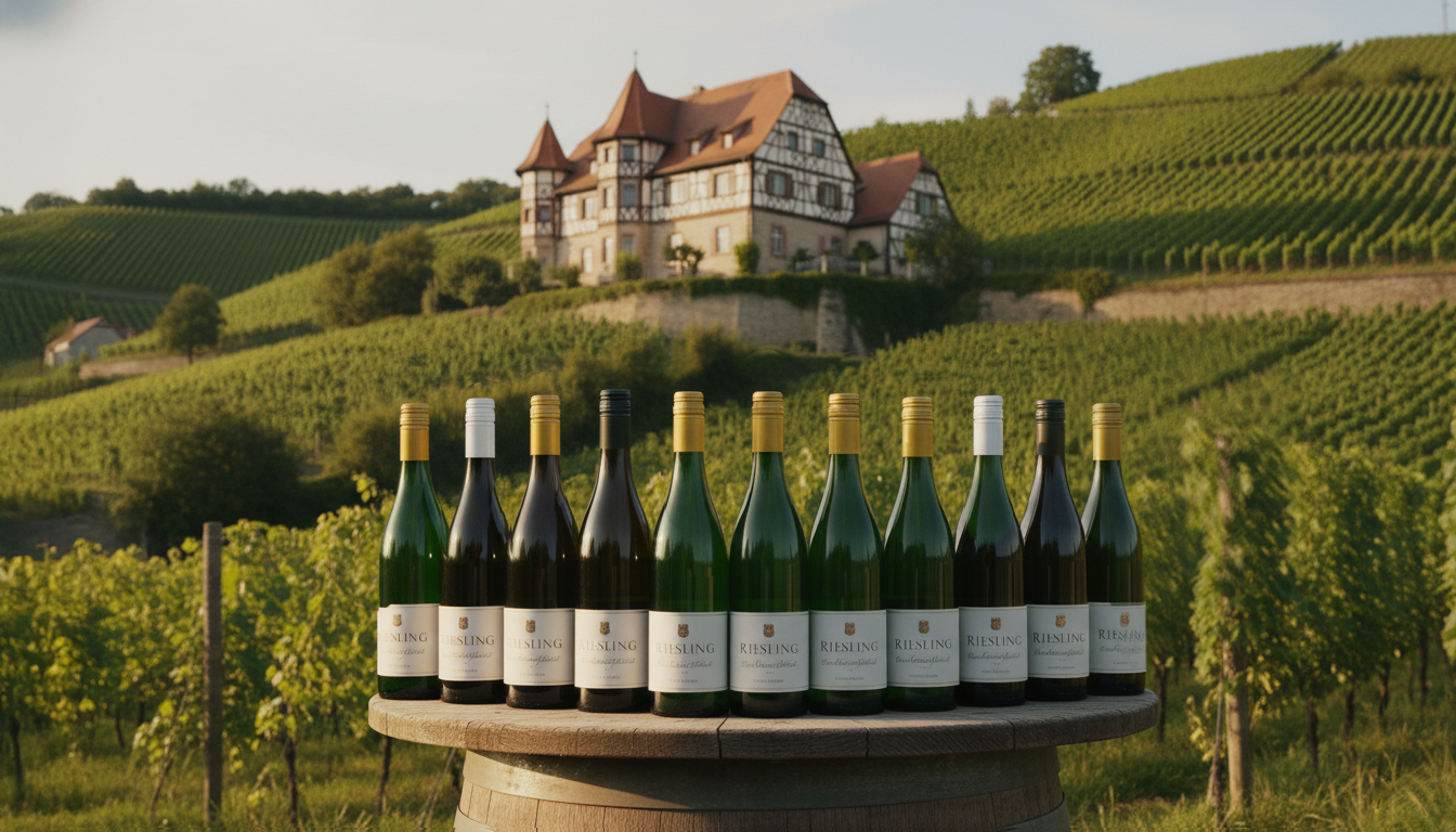 German Chateau with Riesling wine bottles.