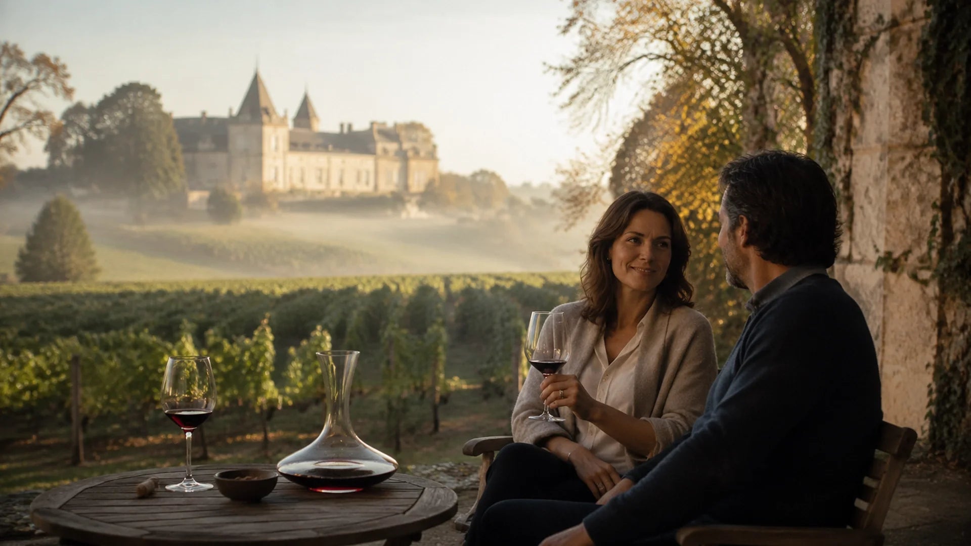 A couple enjoying red wine on a patio overlooking a Bordeaux vineyard and chateau.