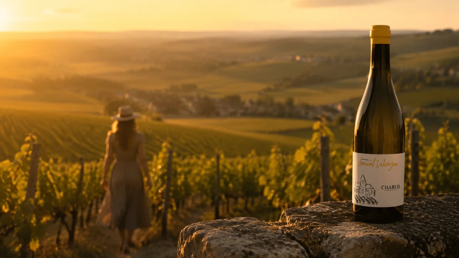 A bottle of Domaine Vincent Wengier Chablis white wine on a stone wall, with a woman walking through golden sunset vineyard rows in Burgundy in the background.