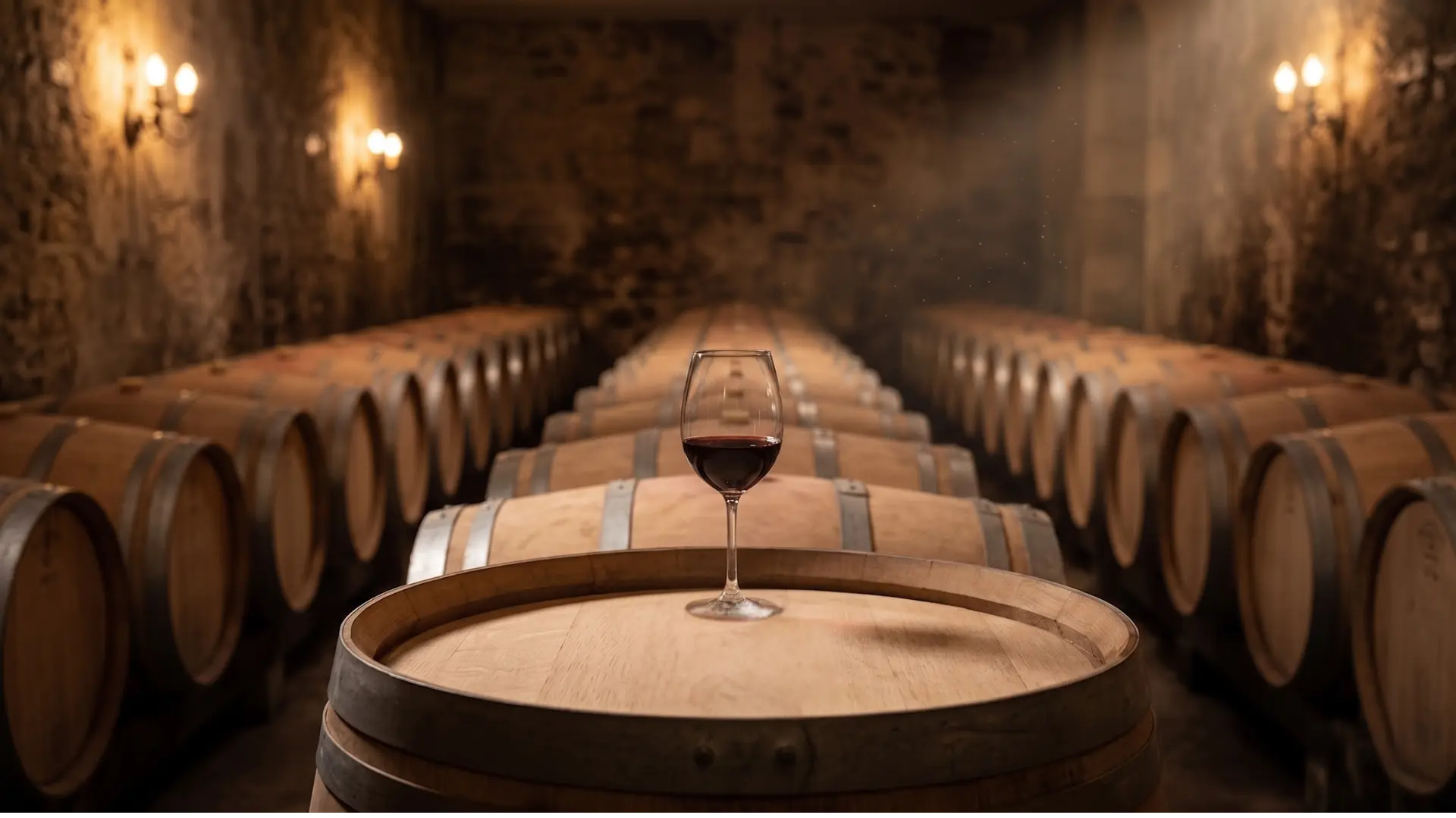 Glass of red wine on a barrel inside a cellar with rows of aging oak barrels in the background.