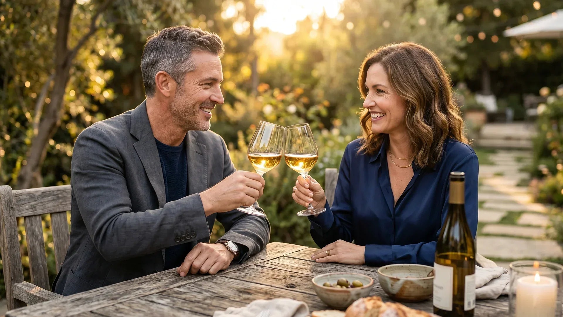 Couple enjoying glasses of Chardonnay at an outdoor garden dinner table during golden hour with a wine bottle and appetizers nearby.
