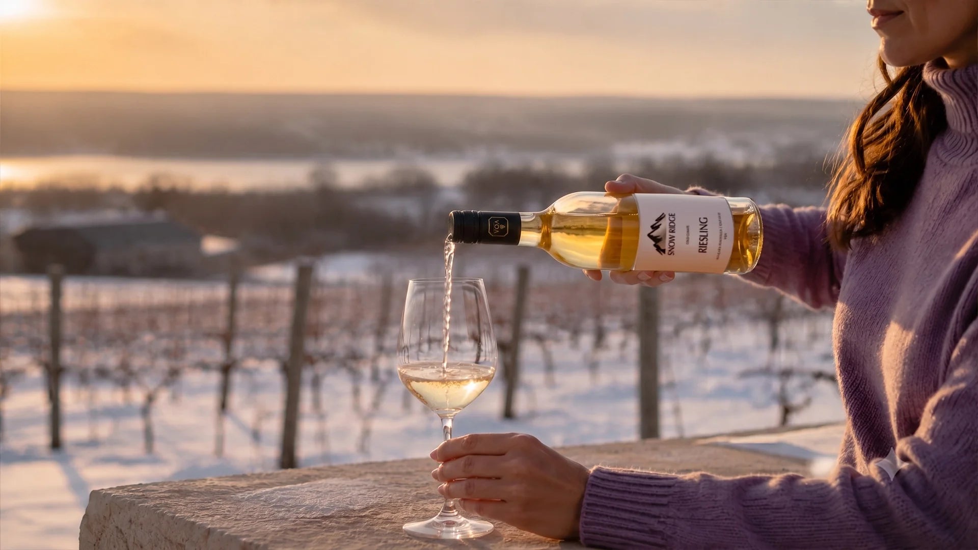 A woman pouring Snow Ridge Riesling Icewine into a glass outdoors overlooking a snowy vineyard