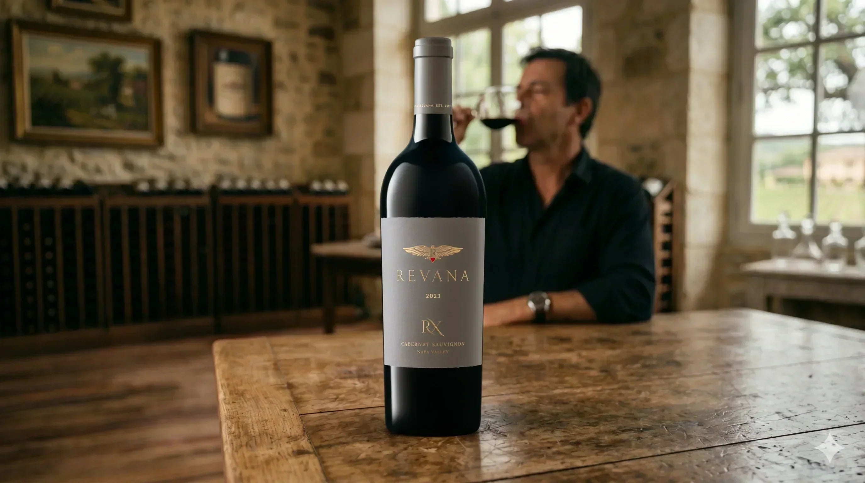 Father enjoying a glass of red wine in a tasting room with a bottle of Napa Valley Cabernet Sauvignon in the foreground.