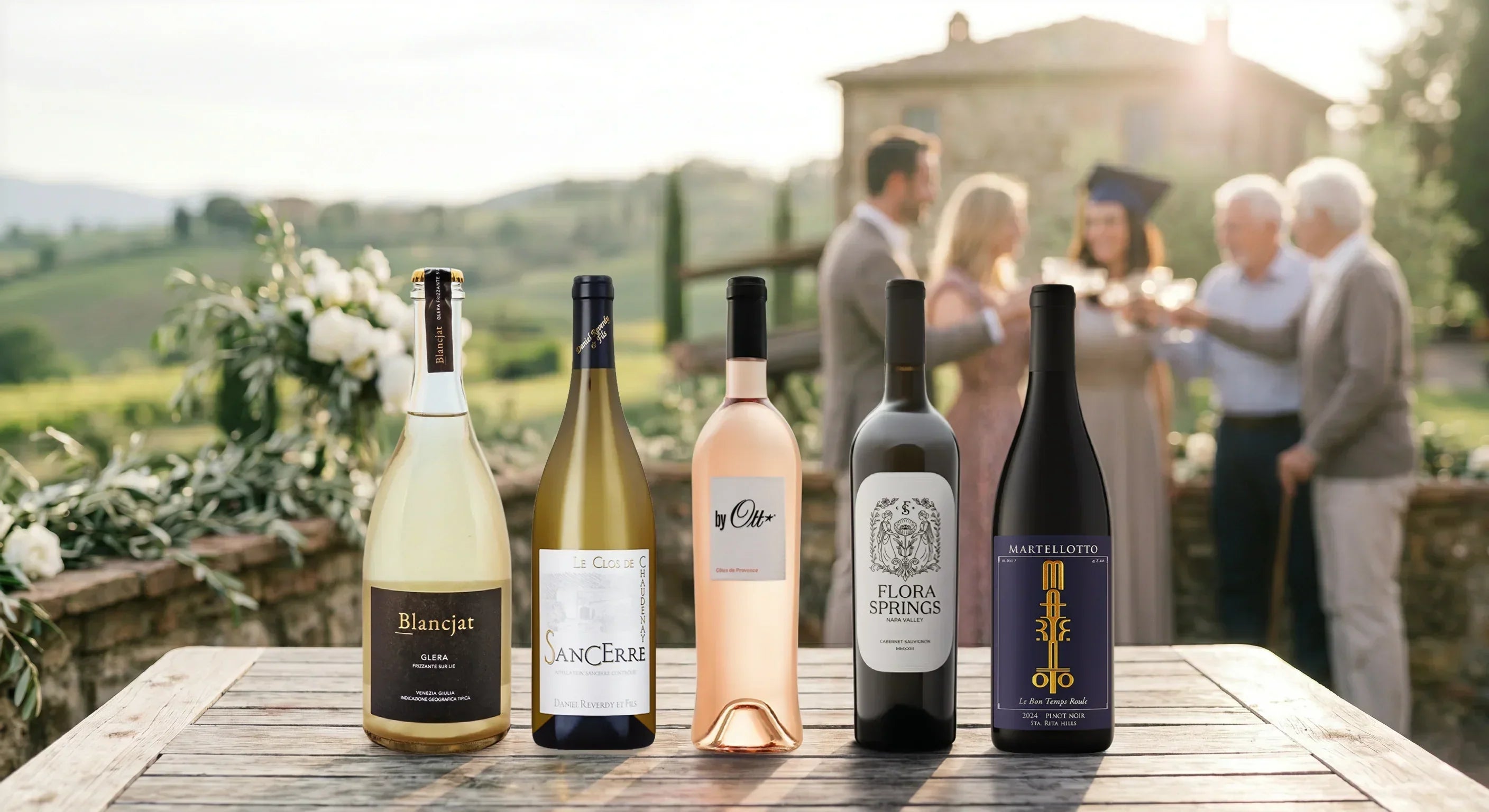 Graduation party wine selection featuring sparkling wine, white wine, rosé, Cabernet Sauvignon, and Pinot Noir for a summer celebration
