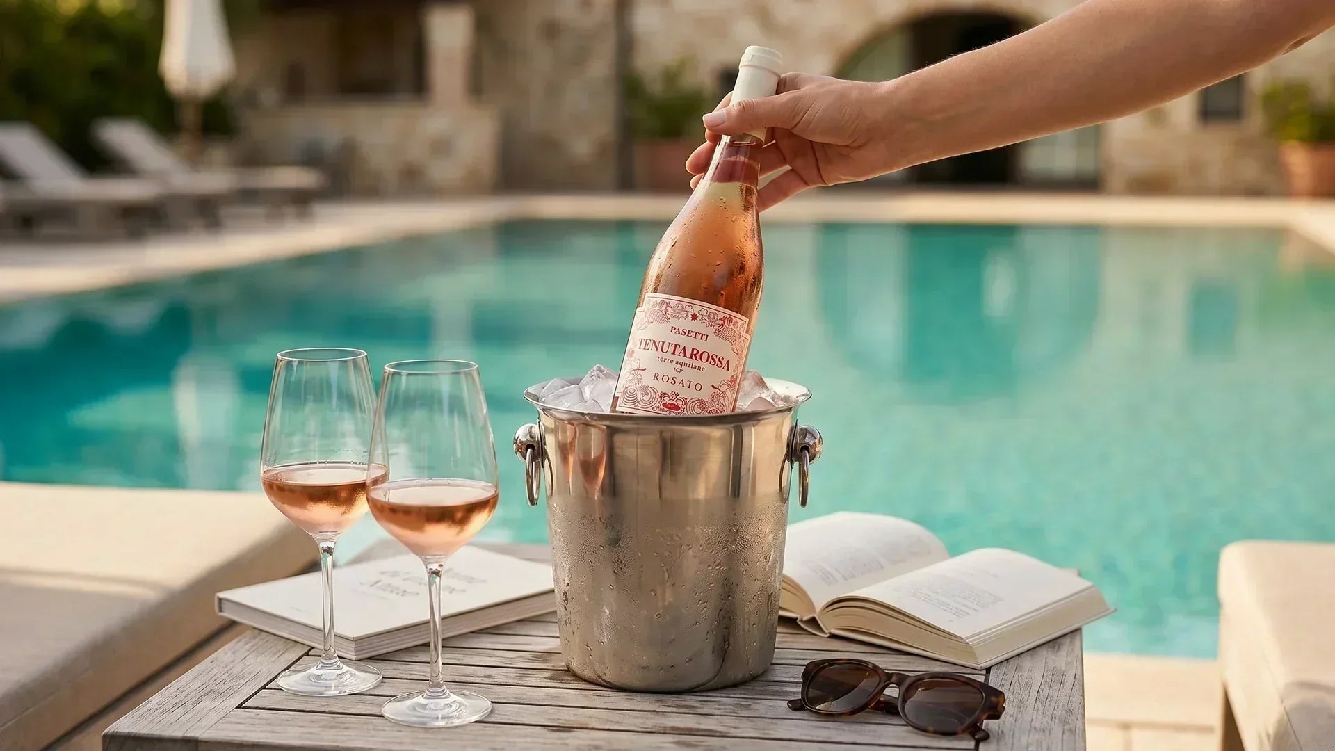 Bottle of rosé wine chilling in an ice bucket beside a pool with two glasses, sunglasses, and an open book on a sunny afternoon.