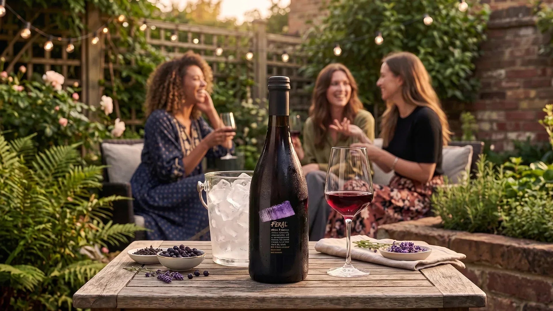 Bottle of alcohol-free red wine on a patio table while friends gather outdoors, showing alcohol-free wine in social settings.