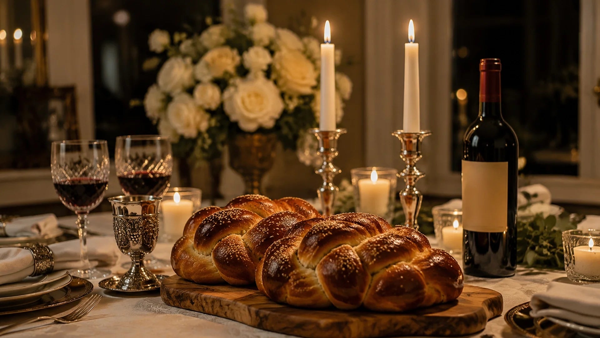 Shabbat dinner table set with two braided challah loaves, red wine, a silver Kiddush cup, and lit candles.