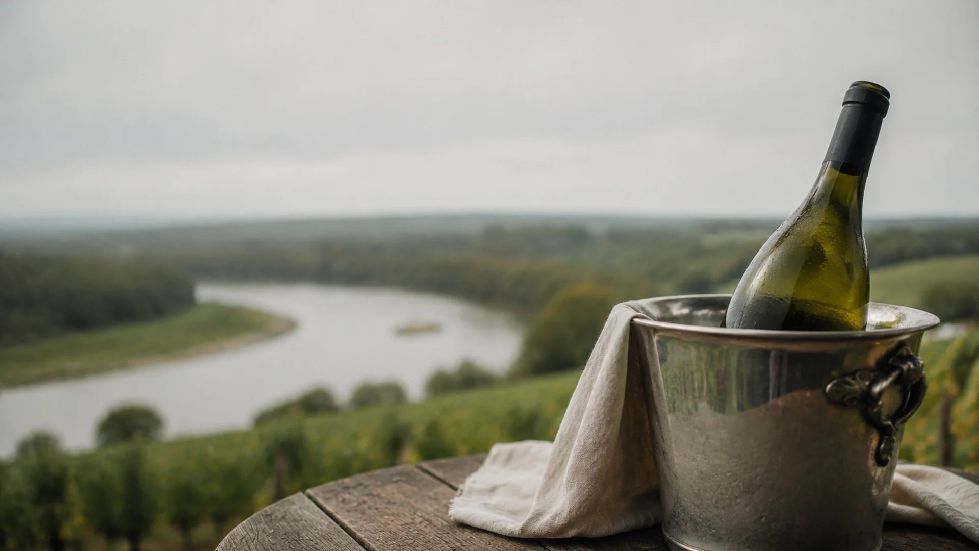 A bottle of white wine resting in an ice bucket with a view of a winding river in the Loire Valley.