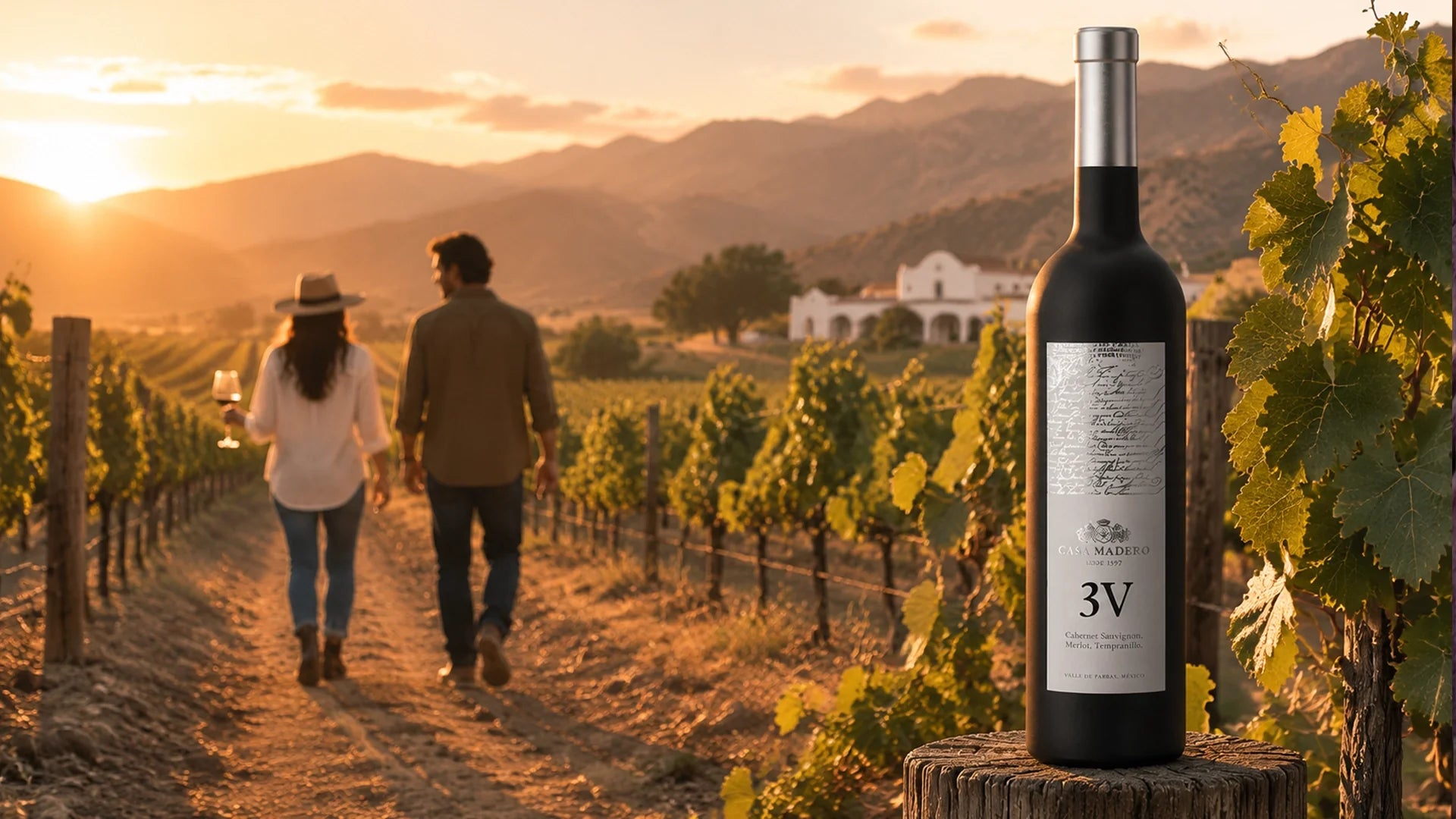 A bottle of Casa Madero 3V red wine resting on a wooden post with a couple walking through a Mexican vineyard at sunset