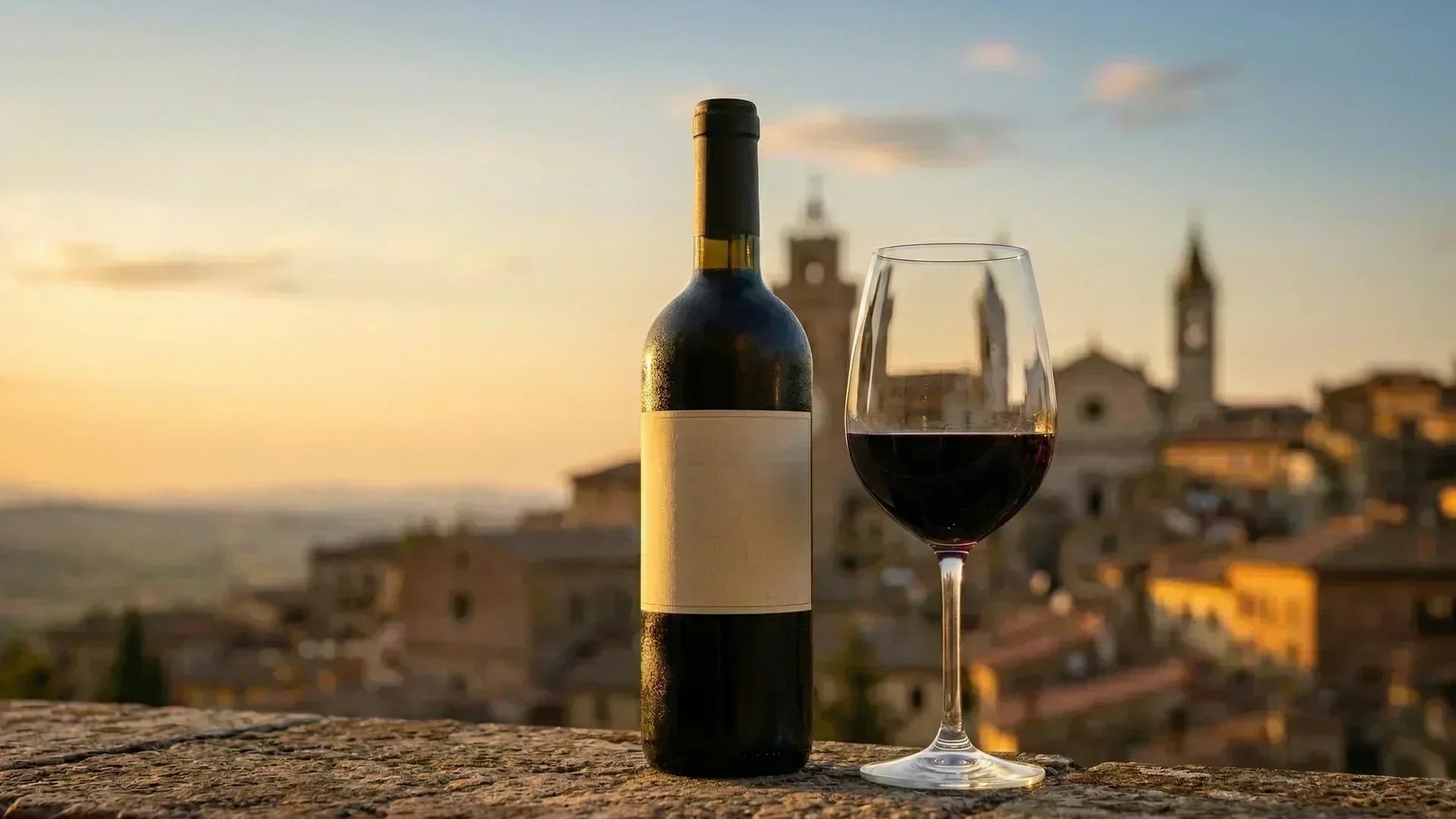 Red wine bottle and glass overlooking Montepulciano, Tuscany at sunset.