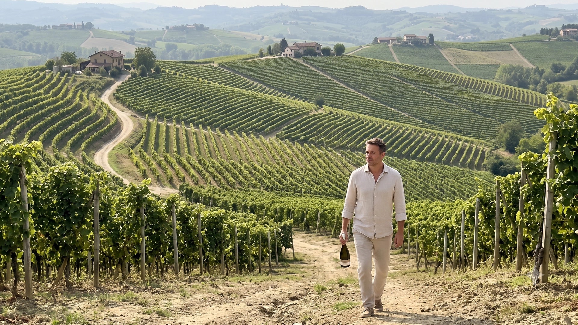 A man dressed in light linen walking through sweeping, terraced vineyard rows carrying a bottle of wine in Piemonte