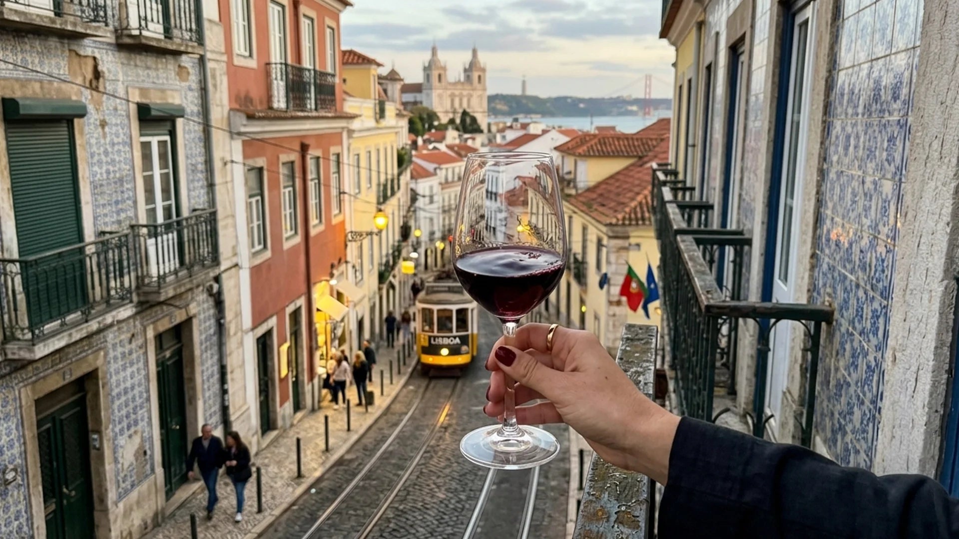 A hand holding a glass of red wine on a balcony overlooking a scenic street in Lisbon, Portugal, with a classic yellow tram passing below.