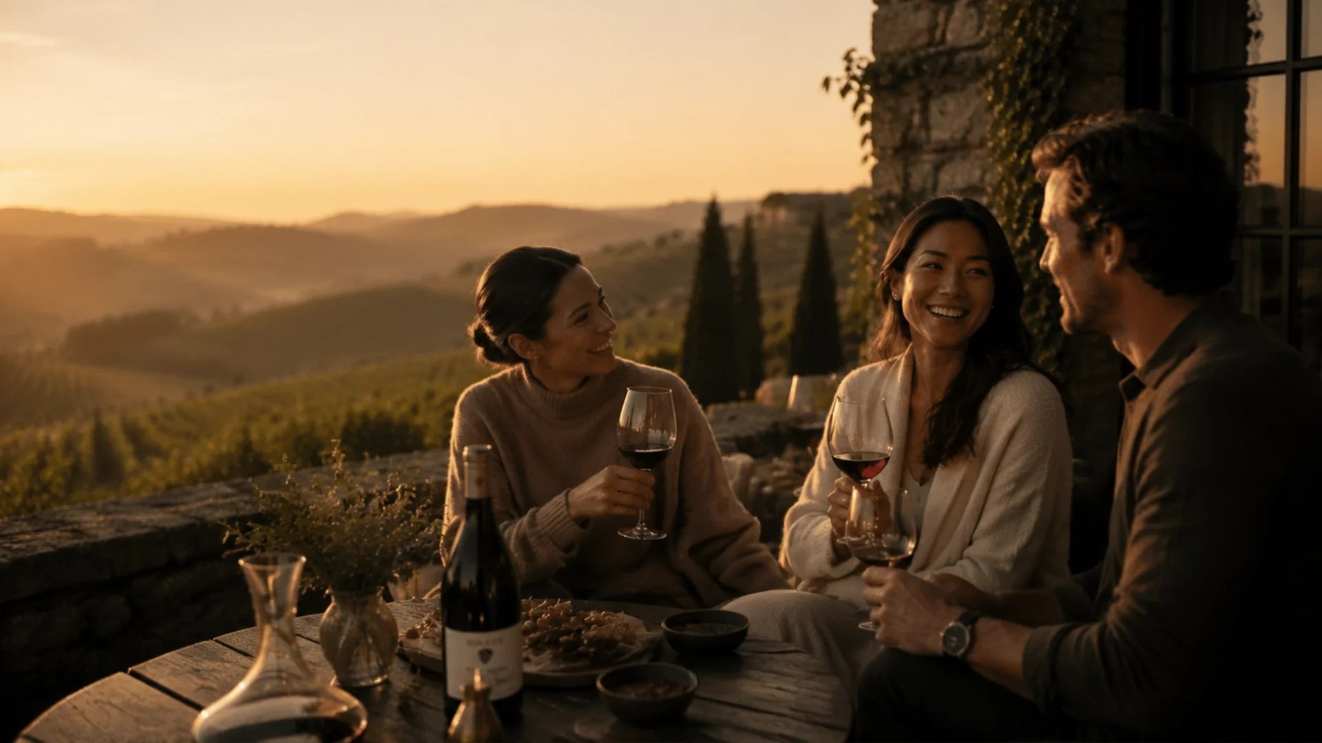 Three friends enjoying a private wine tasting on a Sonoma vineyard terrace at golden hour, sharing red wine and conversation overlooking rolling vineyards.