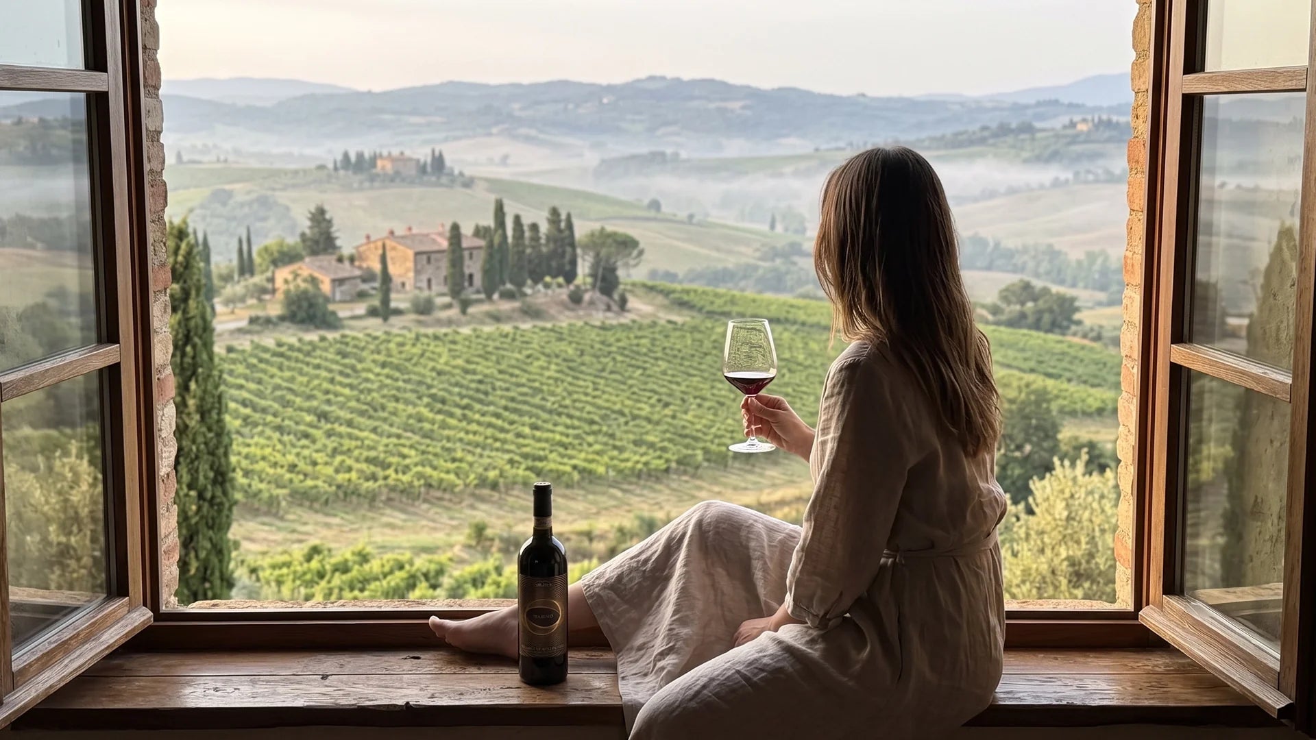 A woman in a linen dress sitting on a wide wooden window sill, holding a glass of red wine next to a bottle, looking out over misty Tuscan hills