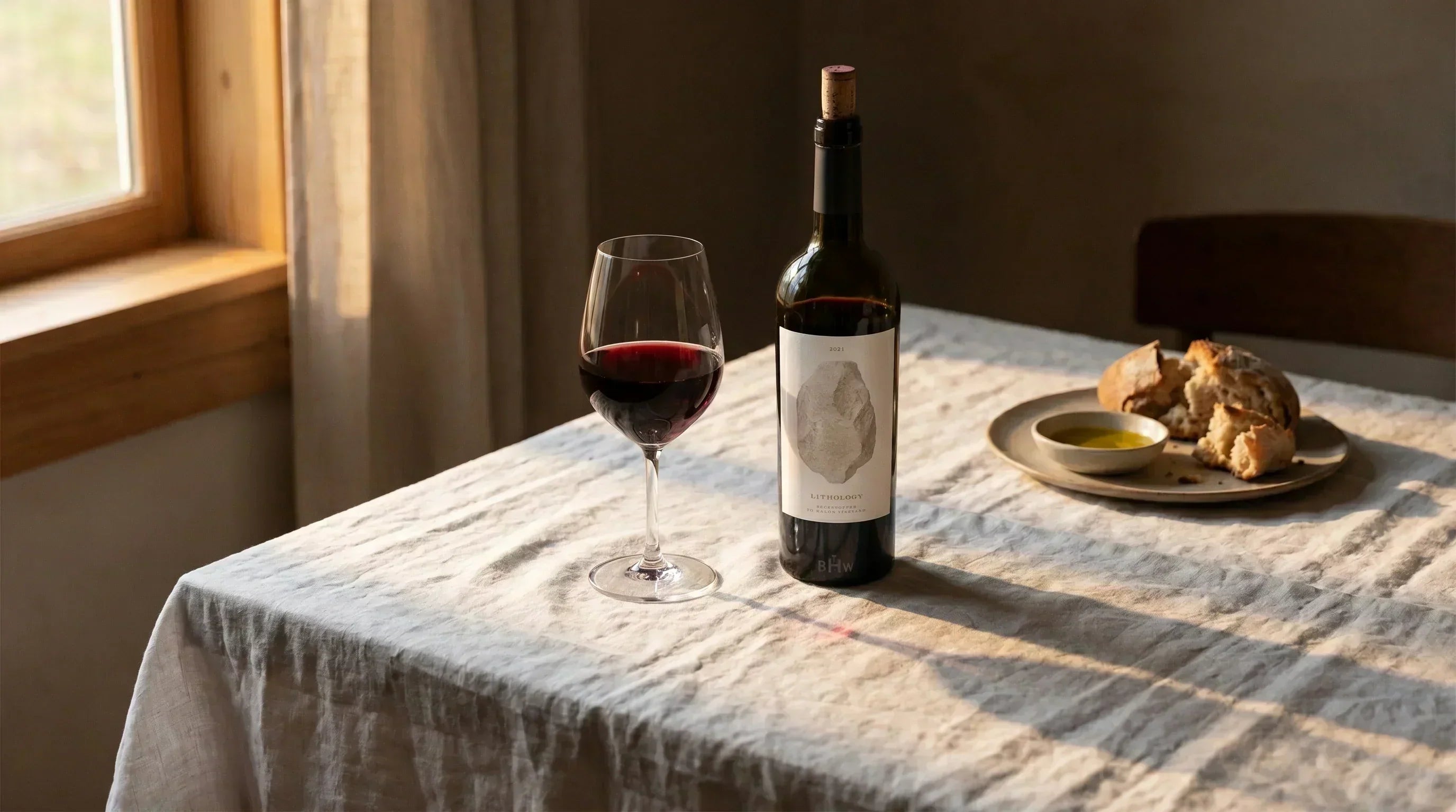 Red wine poured with bread and olive oil, representing the traditional wine-with-food lifestyle examined in a major cardiovascular study.