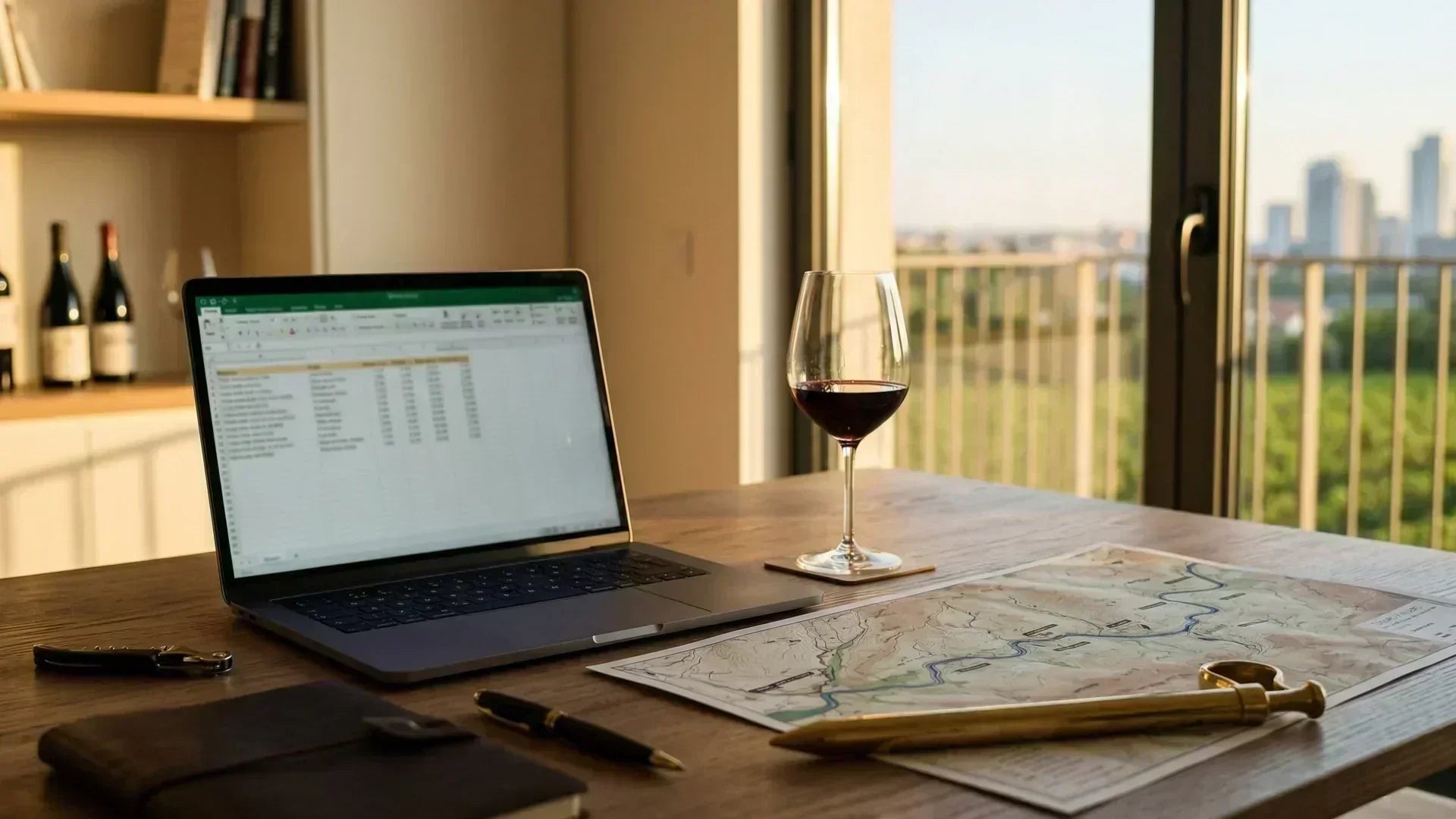 Laptop with spreadsheet on desk next to red wine glass, map, and corkscrew overlooking vineyard landscape