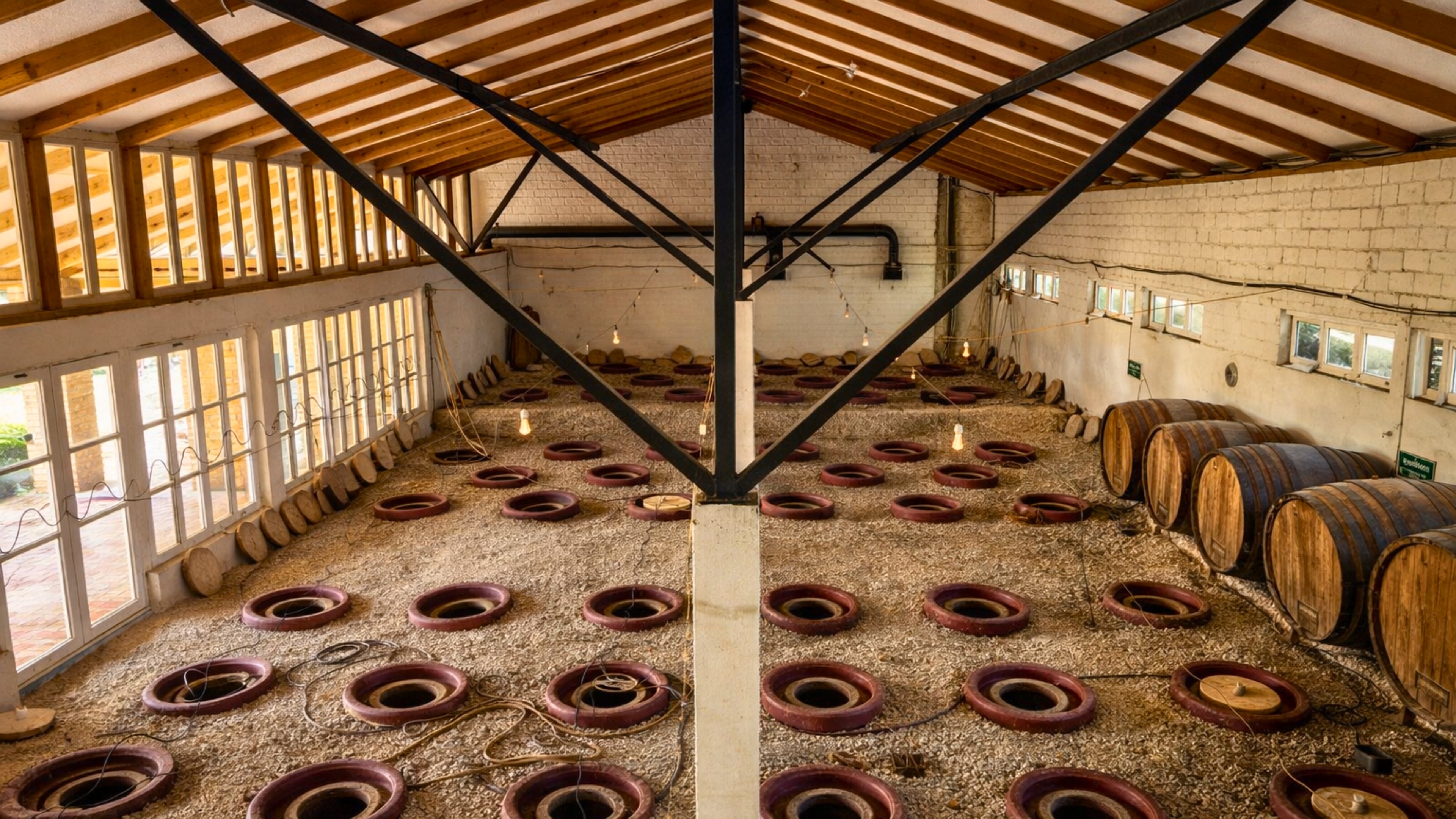 Traditional Georgian qvevri cellar with rows of buried clay vessels.