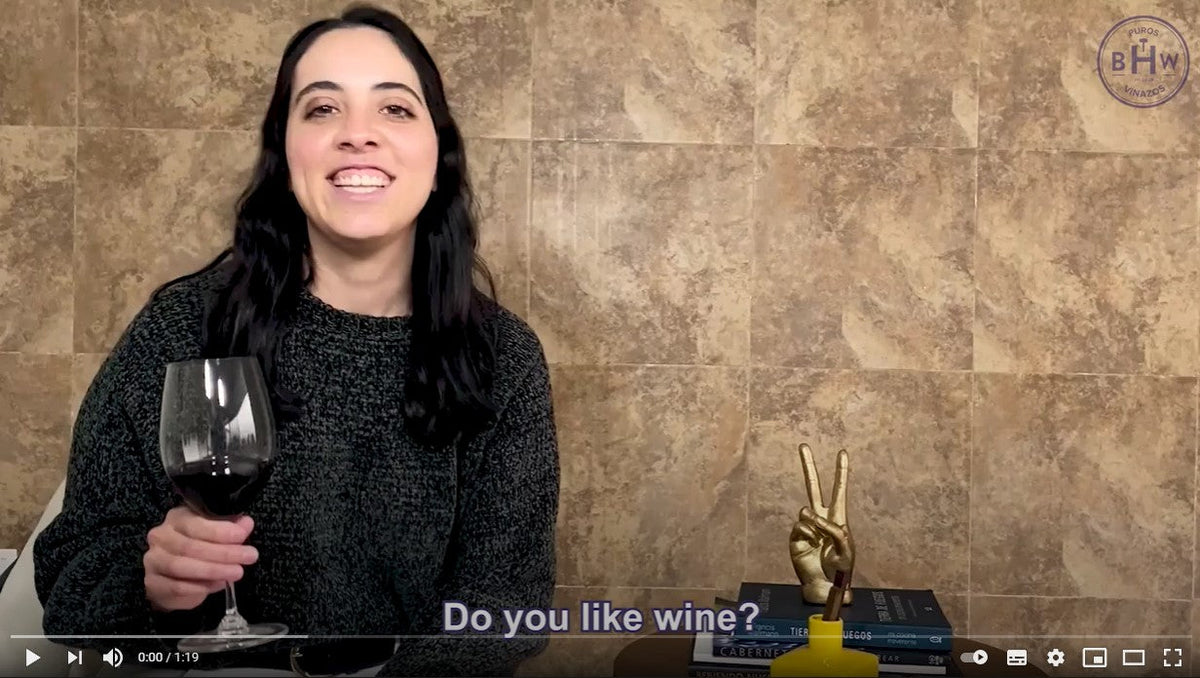 Video still of a smiling woman holding a glass of red wine, captioned "Do you like wine?"